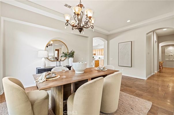 Chandelier, Dining room, Interior, Recessed Lighting, Wood Texture Flooring