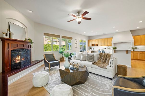 Fireplace, Interior, Kitchen, Living room, Recessed Lighting, Wood Texture Flooring