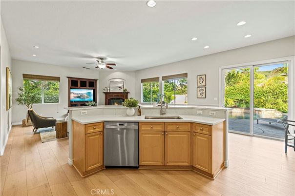 Fireplace, Interior, Kitchen, Recessed Lighting, Wood Texture Flooring