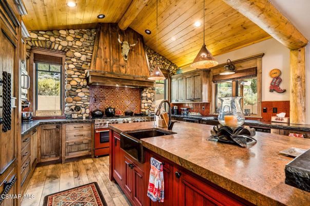 Interior, Kitchen, Pendant Lights, Recessed Lighting, Stone Walls, Wooden Beams, Wooden Ceilings, Wood Texture Flooring