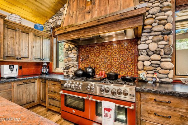 Interior, Kitchen, Stainless Steel Appliances, Stone Walls, Wooden Ceilings, Wood Texture Flooring