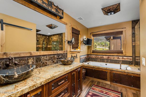 Bathroom, Dual Sink Vanities, Interior, Recessed Lighting, Wood Texture Flooring