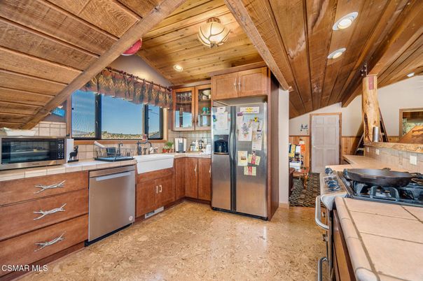Interior, Kitchen, Recessed Lighting, Stainless Steel Appliances, Tile Countertops, Wooden Beams, Wooden Ceilings