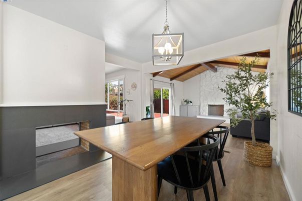 Dining room, Fireplace, Interior, Pendant Lights, Wooden Beams, Wooden Ceilings, Wood Texture Flooring