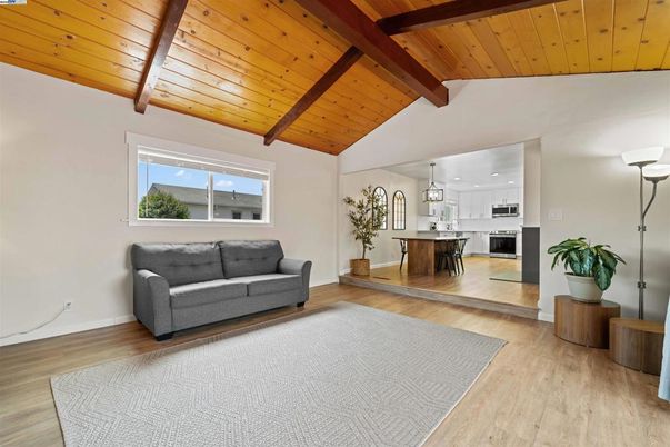 Interior, Kitchen, Pendant Lights, Stainless Steel Appliances, Wooden Beams, Wooden Ceilings, Wood Texture Flooring