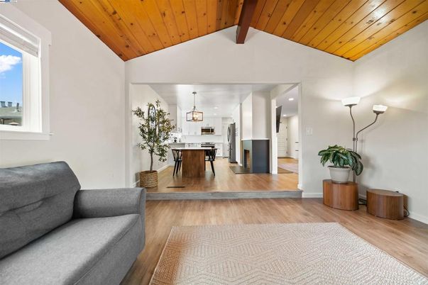 Interior, Kitchen, Pendant Lights, Recessed Lighting, Stainless Steel Appliances, Wooden Beams, Wooden Ceilings, Wood Texture Flooring