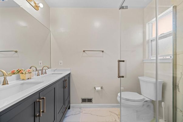 Bathroom, Dual Sink Vanities, Glass Shower, Interior, Marble