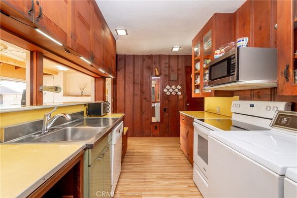 Interior, Kitchen, Recessed Lighting, Wood Texture Flooring, Wooden Walls