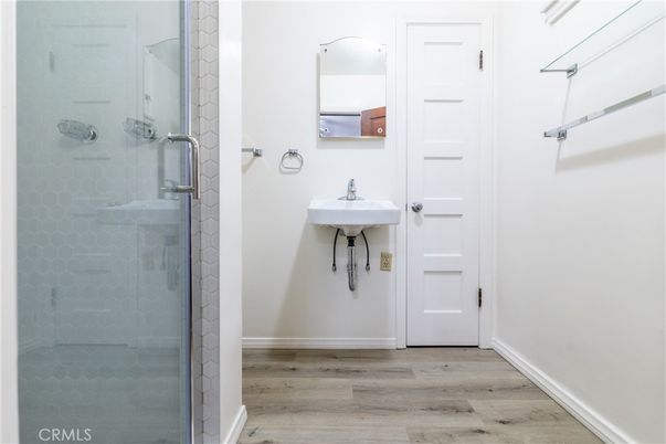 Bathroom, Glass Shower, Interior, Wood Texture Flooring