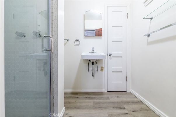 Bathroom, Glass Shower, Interior, Wood Texture Flooring