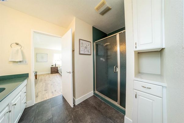 Bathroom, Glass Shower, Interior, Wood Texture Flooring