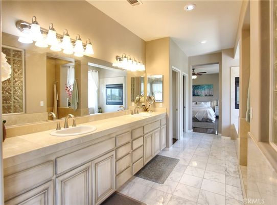 Bathroom, Bedroom, Dual Sink Vanities, Interior, Marble, Recessed Lighting, Tile Countertops