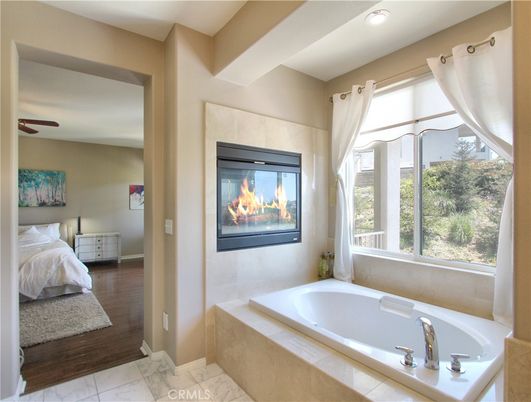 Bathroom, Bedroom, Fireplace, Interior, Marble, Recessed Lighting, Wood Texture Flooring