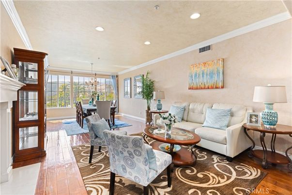 Chandelier, Dining room, Fireplace, Interior, Living room, Recessed Lighting, Wood Texture Flooring
