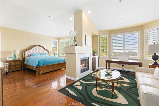Bedroom, Fireplace, Home Office, Interior, Recessed Lighting, Wood Texture Flooring
