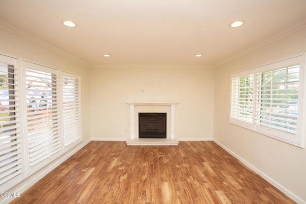 Empty room, Fireplace, Interior, Recessed Lighting, Wood Texture Flooring