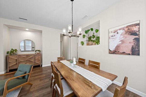 Dining room, Interior, Pendant Lights, Recessed Lighting, Wood Texture Flooring