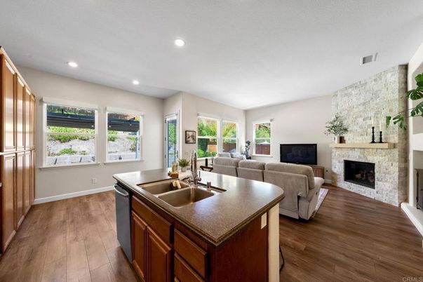 Fireplace, Interior, Kitchen, Living room, Recessed Lighting, Wood Texture Flooring