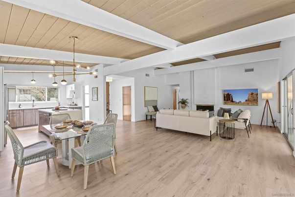 Dining room, Interior, Living room, Pendant Lights, Wood Texture Flooring