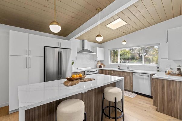 Interior, Kitchen, Pendant Lights, Stainless Steel Appliances, Wooden Ceilings, Wood Texture Flooring