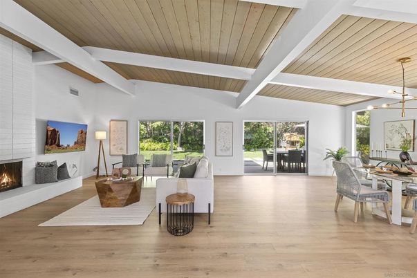 Dining room, Fireplace, Interior, Living room, Pendant Lights, Wooden Ceilings, Wood Texture Flooring