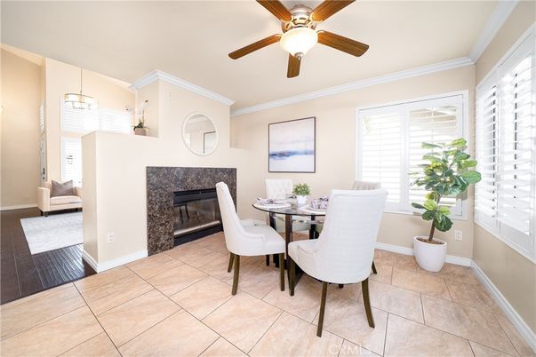 Dining room, Fireplace, Interior, Pendant Lights