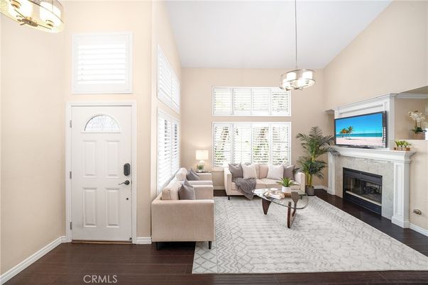 Fireplace, Interior, Living room, Pendant Lights, Wood Texture Flooring