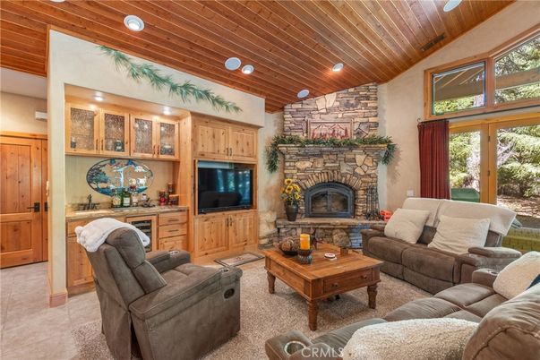 Fireplace, Interior, Living room, Recessed Lighting, Stone Walls, Wooden Ceilings