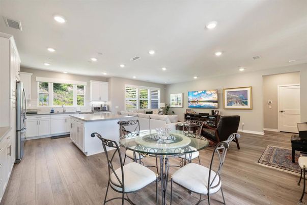 Dining room, Interior, Kitchen, Living room, Recessed Lighting, Wood Texture Flooring