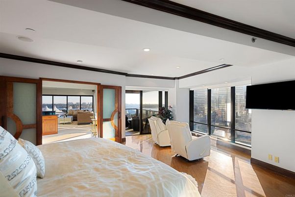 Bedroom, Interior, Recessed Lighting, Water, Wood Texture Flooring