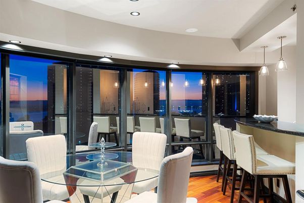 Dining room, Interior, Pendant Lights, Recessed Lighting, Water, Wood Texture Flooring