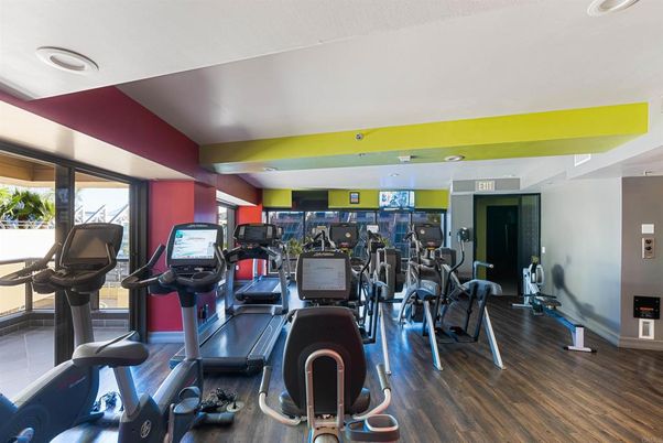 Fitness Equipment, Gym, Interior, Recessed Lighting, Wood Texture Flooring
