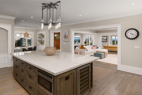 Dining room, Interior, Kitchen, Living room, Pendant Lights, Recessed Lighting, Wood Texture Flooring