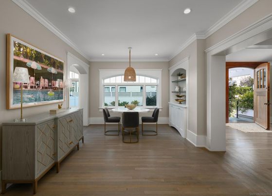 Dining room, Interior, Pendant Lights, Recessed Lighting, Wood Texture Flooring