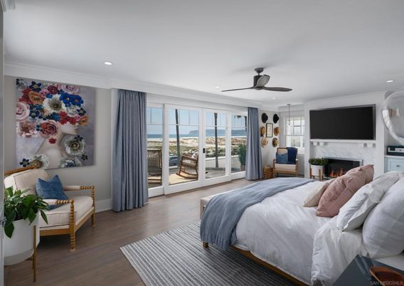 Bedroom, Fireplace, Interior, Recessed Lighting, Water, Wood Texture Flooring