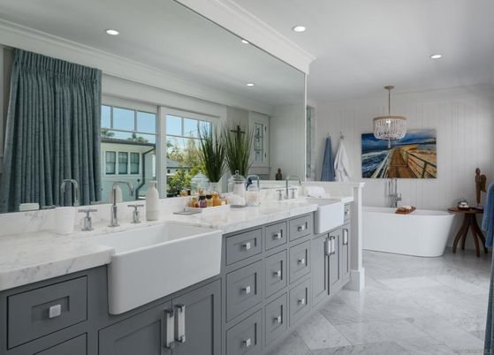 Bathroom, Chandelier, Dual Sink Vanities, Free Standing Baths, Interior, Marble, Recessed Lighting