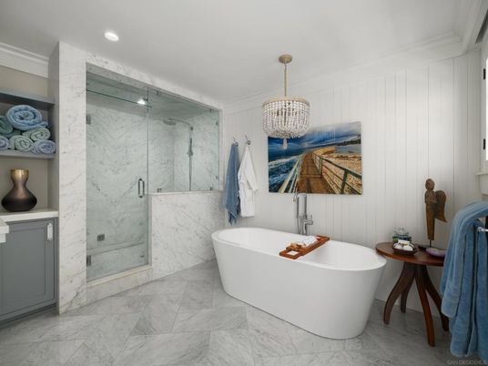 Bathroom, Chandelier, Free Standing Baths, Glass Shower, Interior, Marble, Marble Walls, Pendant Lights, Recessed Lighting