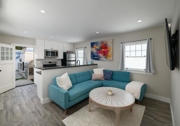 Interior, Kitchen, Living room, Recessed Lighting, Stainless Steel Appliances, Wood Texture Flooring