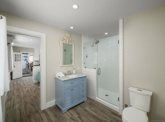 Bathroom, Glass Shower, Interior, Recessed Lighting, Wood Texture Flooring