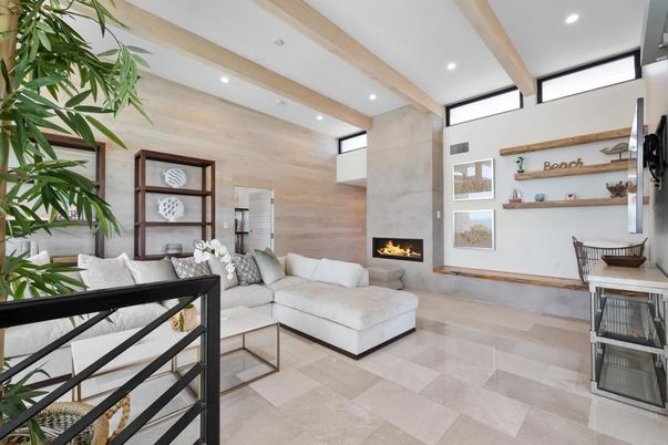 Fireplace, Interior, Living room, Recessed Lighting, Wooden Beams, Wooden Walls
