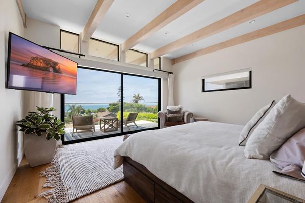 Bedroom, Interior, Recessed Lighting, Water, Wooden Beams, Wood Texture Flooring