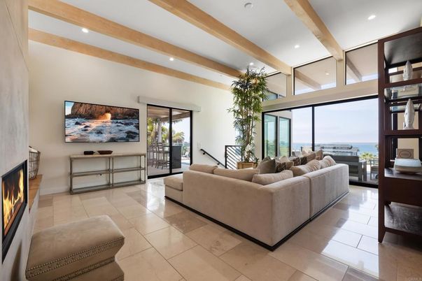 Fireplace, Interior, Living room, Recessed Lighting, Water, Wooden Beams