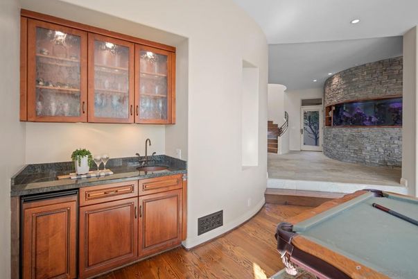 Billiard Table, Fireplace, Game Room, Interior, Recessed Lighting, Wood Texture Flooring