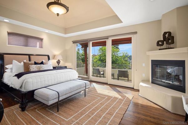 Bedroom, Fireplace, Interior, Recessed Lighting, Wood Texture Flooring