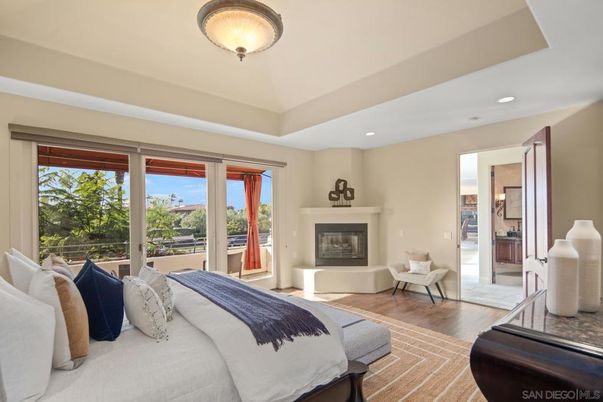 Bedroom, Fireplace, Interior, Recessed Lighting, Wood Texture Flooring