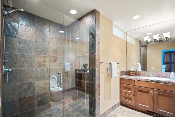 Bathroom, Glass Shower, Interior, Recessed Lighting, Tile Countertops