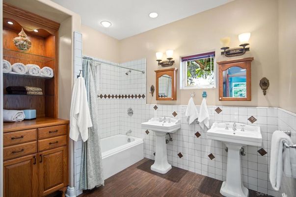 Bathroom, Dual Sink Vanities, Interior, Recessed Lighting, Wood Texture Flooring