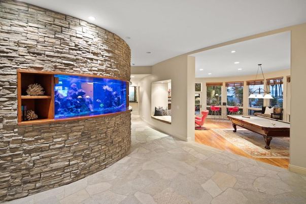 Billiard Table, Game Room, Interior, Pendant Lights, Recessed Lighting, Stone Walls
