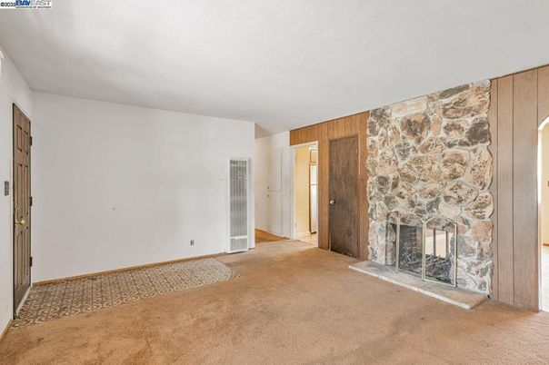 Empty room, Fireplace, Interior, Stone Walls, Wooden Walls
