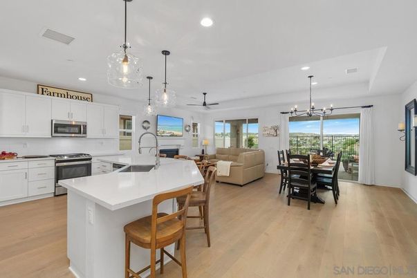 Dining room, Fireplace, Interior, Kitchen, Living room, Pendant Lights, Recessed Lighting, Stainless Steel Appliances, Wood Texture Flooring